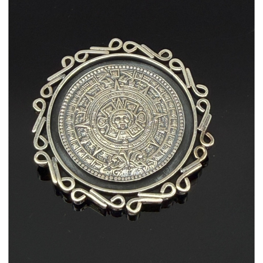 Vintage AV Gomez Taxco Mexico Sterling SIlver Aztec Calendar Brooch Pin Pendant
